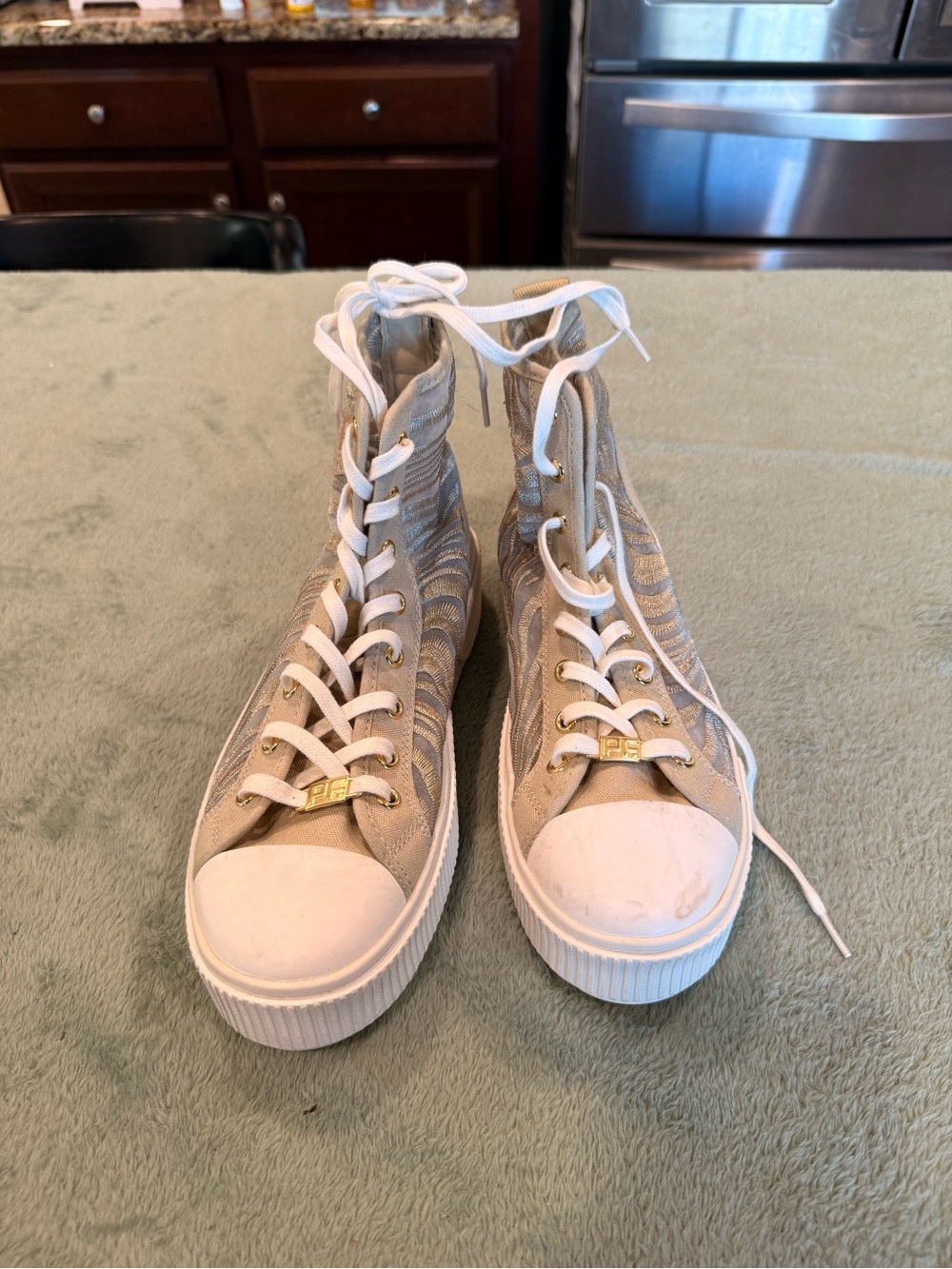 PF Flyers Hi Top Sneakers Womens 8.5 Beige Gold Platform Shoes Lace Up